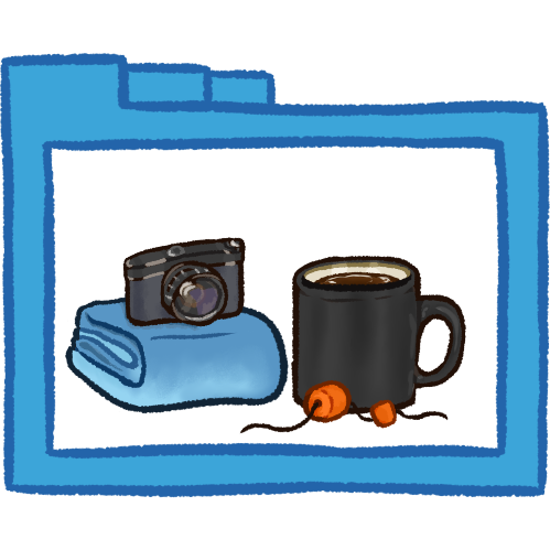 A hollow blue folder with thick lineart. It contains a black mug with dark brown liquid inside of it, two orange beads on a string, a folded blue blanket, and a black camera sitting on top of the blanket.